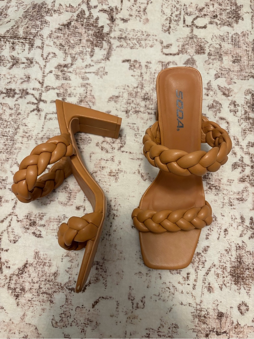 Soda Braided Double-Strap Heels in Cognac